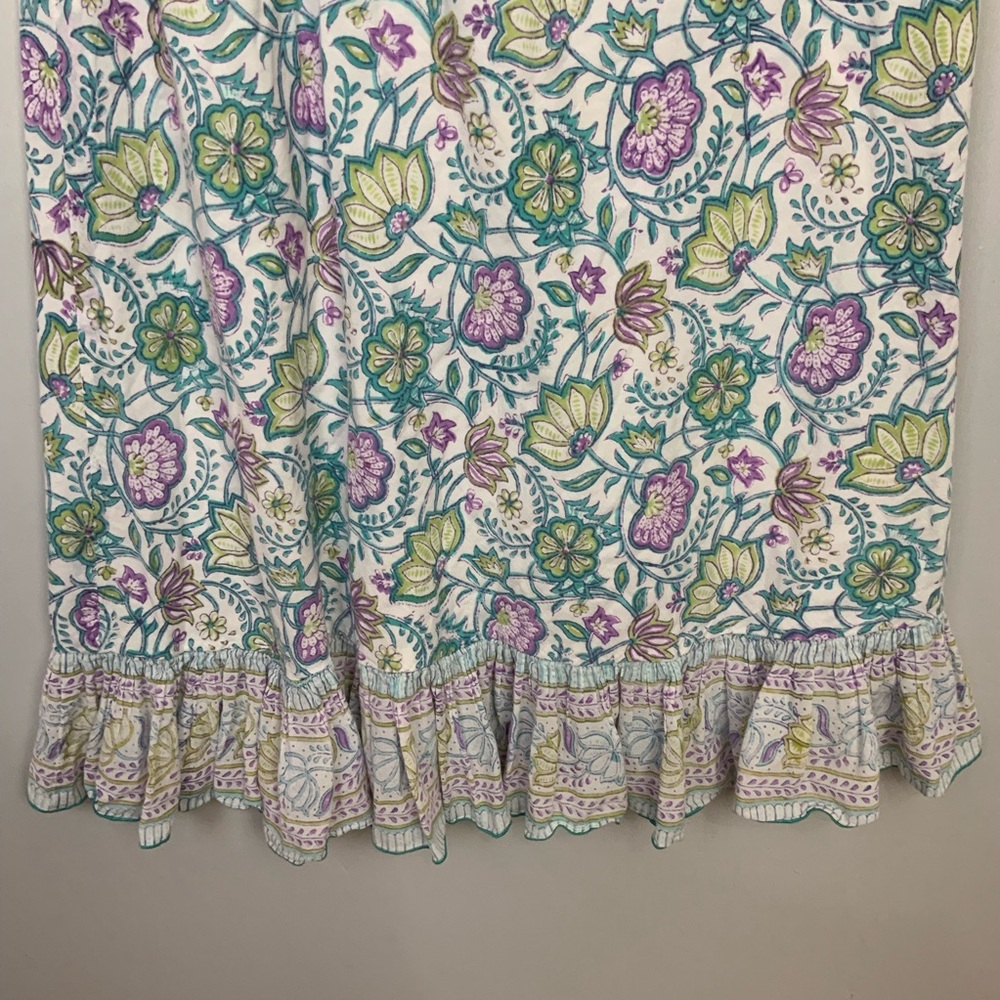 Anokhi East Sz 12 Purple Green Floral Ruffle Hem Cotton Midi Dress Sundress - Picture 3 of 7